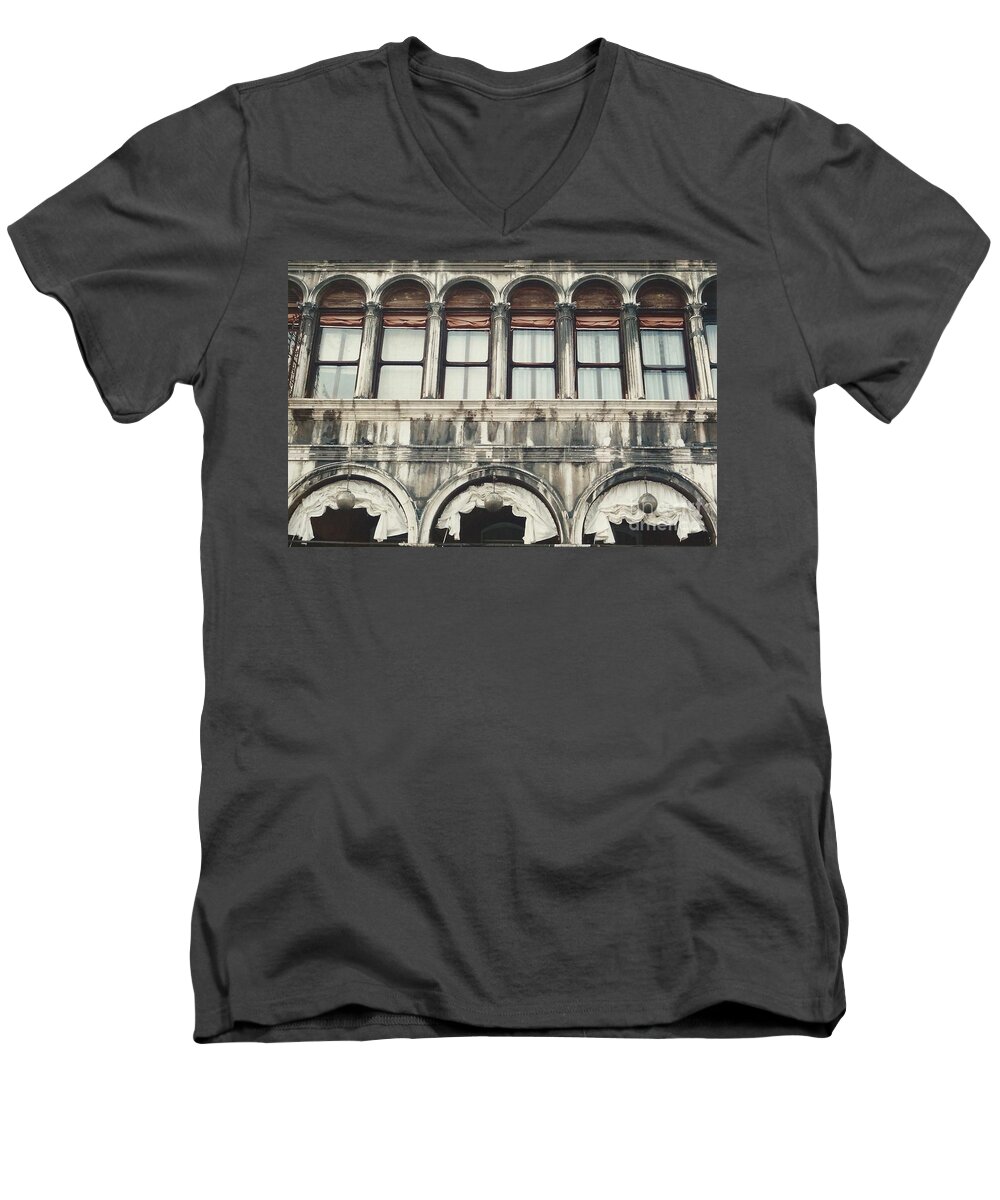 Arches Drapery Italy Venice Men's V-Neck T-Shirt featuring the photograph St. Mark's Square, Venice 1-2 by J Doyne Miller