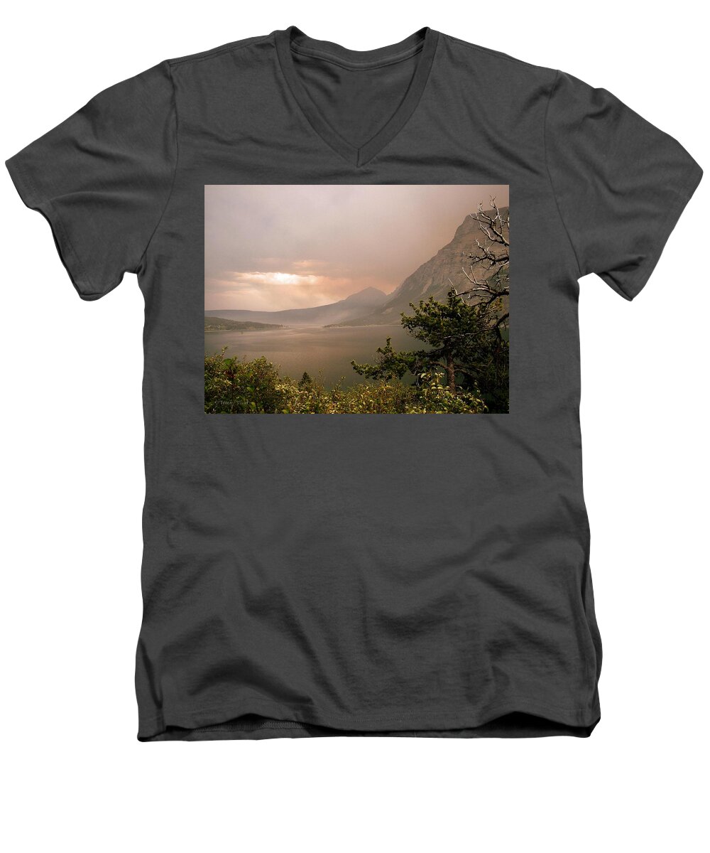 St Mary Lake Men's V-Neck T-Shirt featuring the photograph St Mary Lake in the Smoke by Tracey Vivar