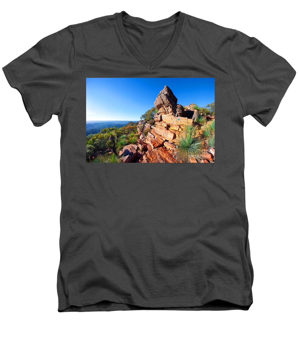 St Mary Peak Wilpena Pound Flinders Ranges Outback South Australia Australian Landscape Landscapes Rocky Outcrop Early Morning Men's V-Neck T-Shirt featuring the photograph St Mary Peak Wilpena Pound by Bill Robinson