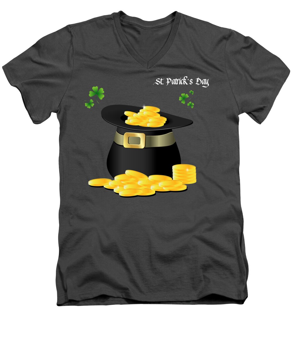 Celebration Men's V-Neck T-Shirt featuring the digital art St. Patrick's Day Gold Coins In Hat by Serena King