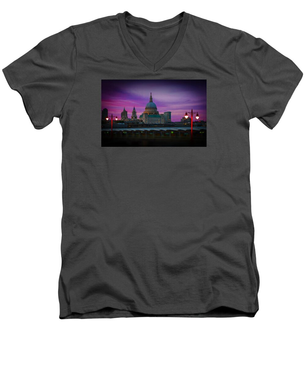 St Pauls Men's V-Neck T-Shirt featuring the photograph St Pauls Dusk by David French