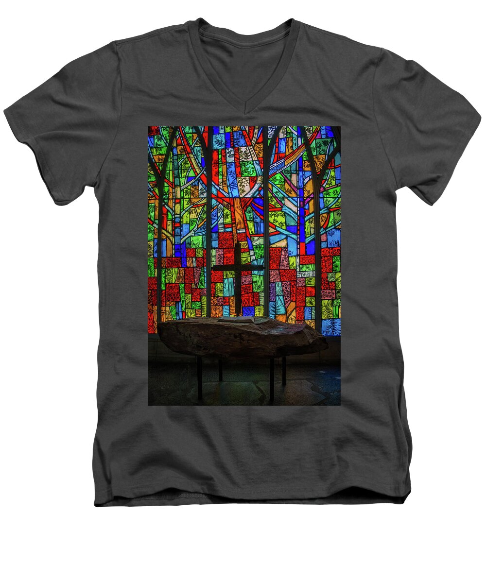 Stained Glass Men's V-Neck T-Shirt featuring the photograph Stained Glass and Stone Altar by Susie Weaver