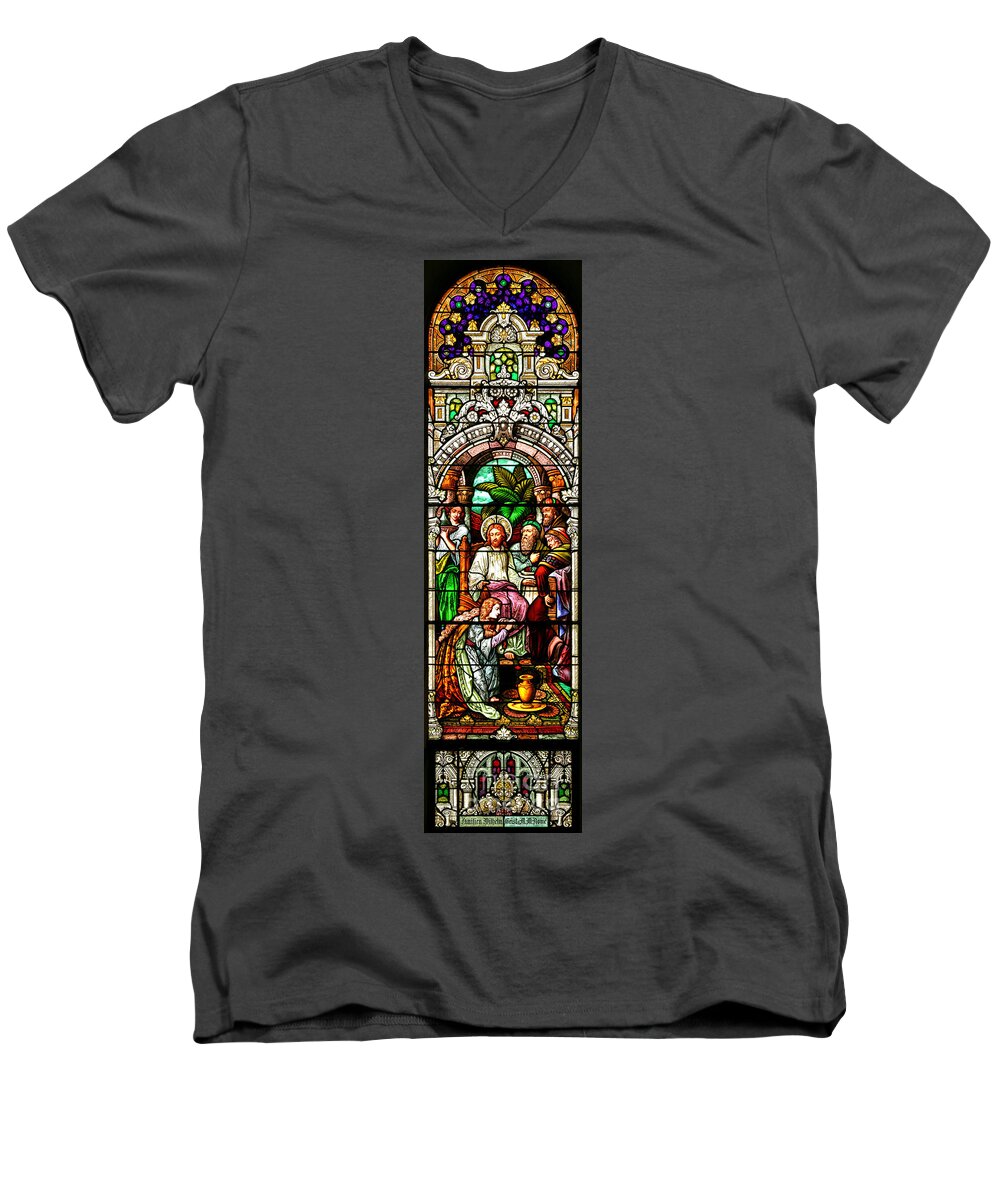 Cathedral Of The Plains Men's V-Neck T-Shirt featuring the photograph Stained Glass Scene 11 by Adam Jewell