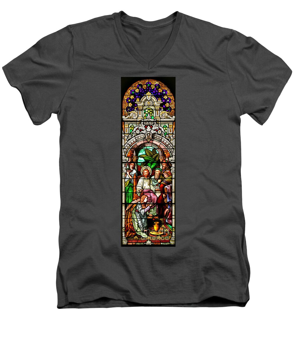 Cathedral Of The Plains Men's V-Neck T-Shirt featuring the photograph Stained Glass Scene 11 Crop by Adam Jewell