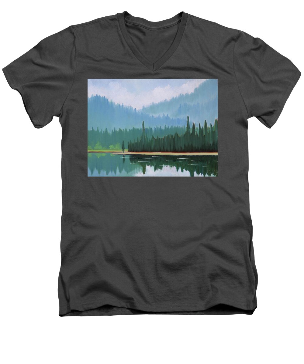 Stanley Lake Men's V-Neck T-Shirt featuring the painting Stanley Lake - Far Shore by Kevin Hughes