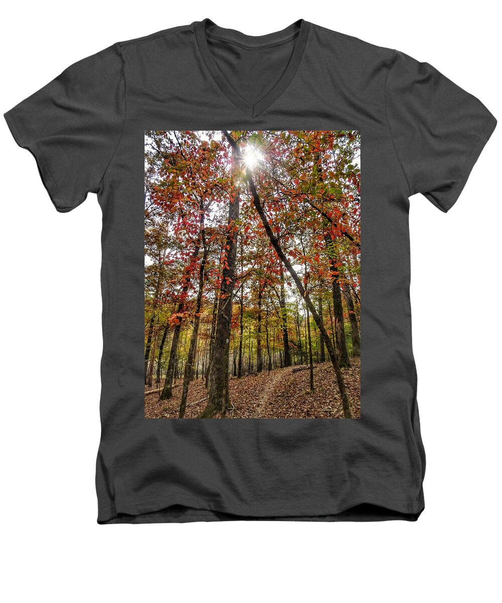 Starburst Men's V-Neck T-Shirt featuring the photograph Starburst in the Forest by Doris Aguirre