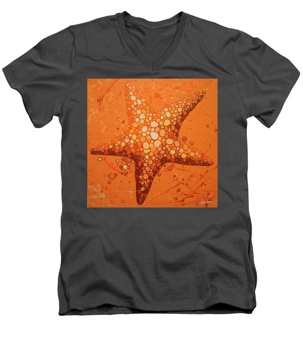 Starfish Men's V-Neck T-Shirt featuring the painting Starfish in Coral by William Love