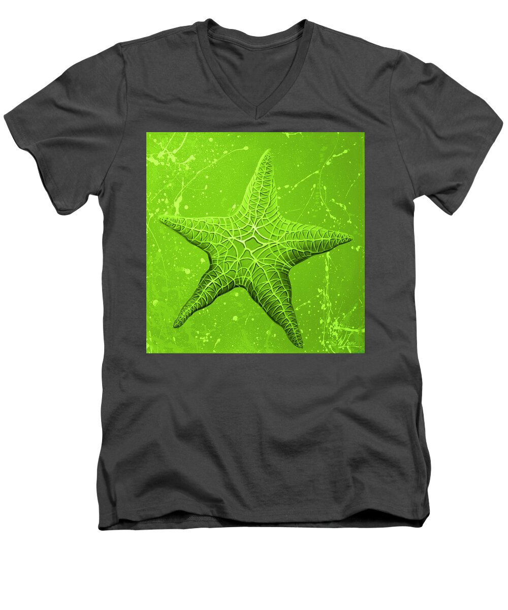 Starfish Men's V-Neck T-Shirt featuring the painting Starfish in Green by William Love