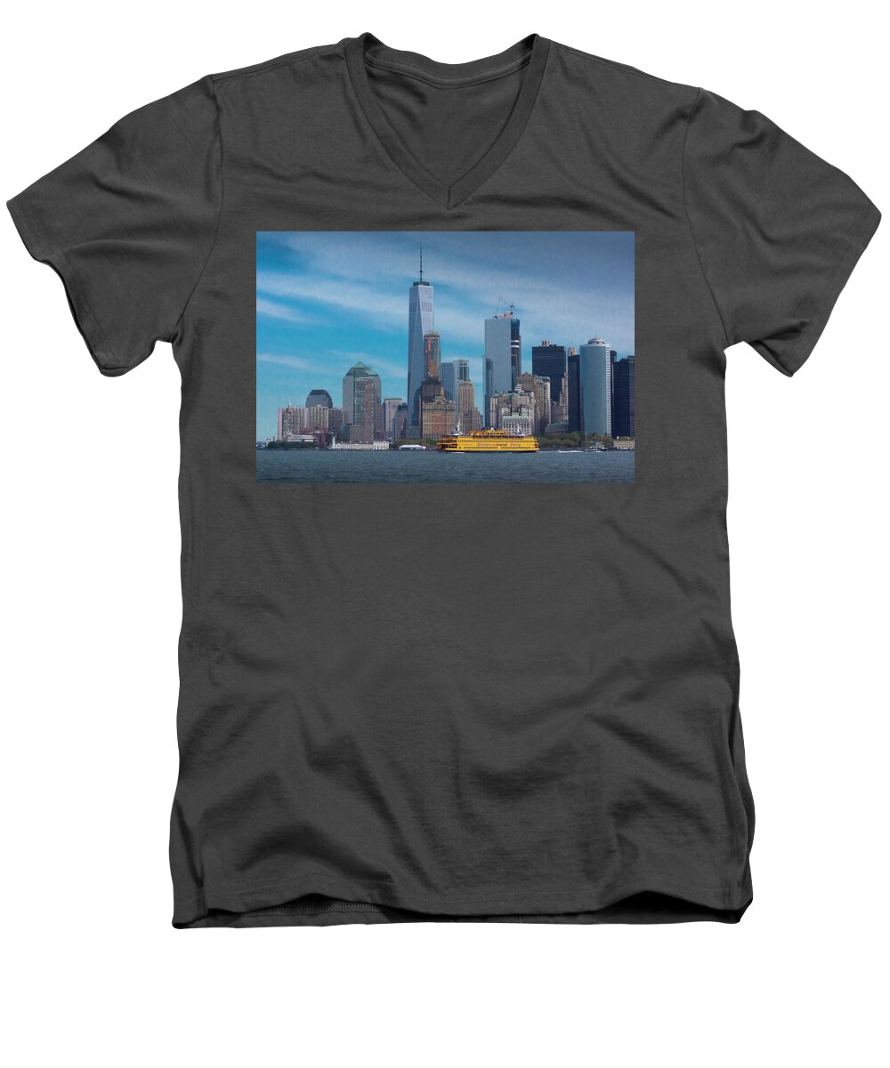 Manhattan Island Men's V-Neck T-Shirt featuring the photograph Staten Island Ferry leaving Manhattan by Kenneth Cole