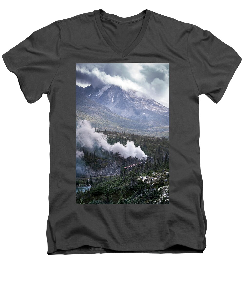 Alaska Men's V-Neck T-Shirt featuring the photograph Steam Locomotive in White Pass by Michele Cornelius