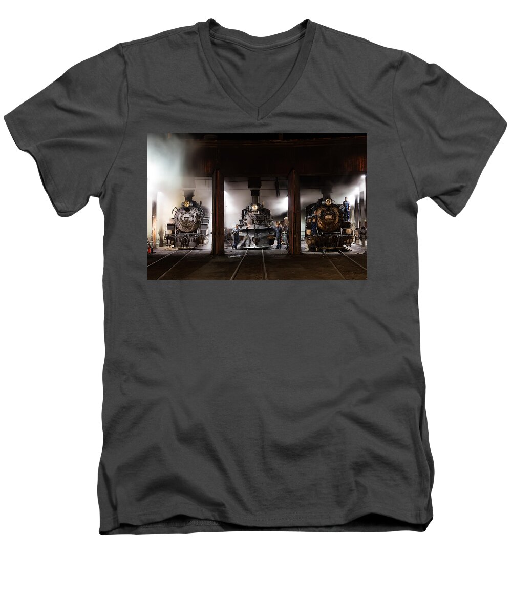 Carol M. Highsmith Men's V-Neck T-Shirt featuring the photograph Steam locomotives in the train yard of the Durango and Silverton Narrow Gauge Railroad in Durango by Carol M Highsmith