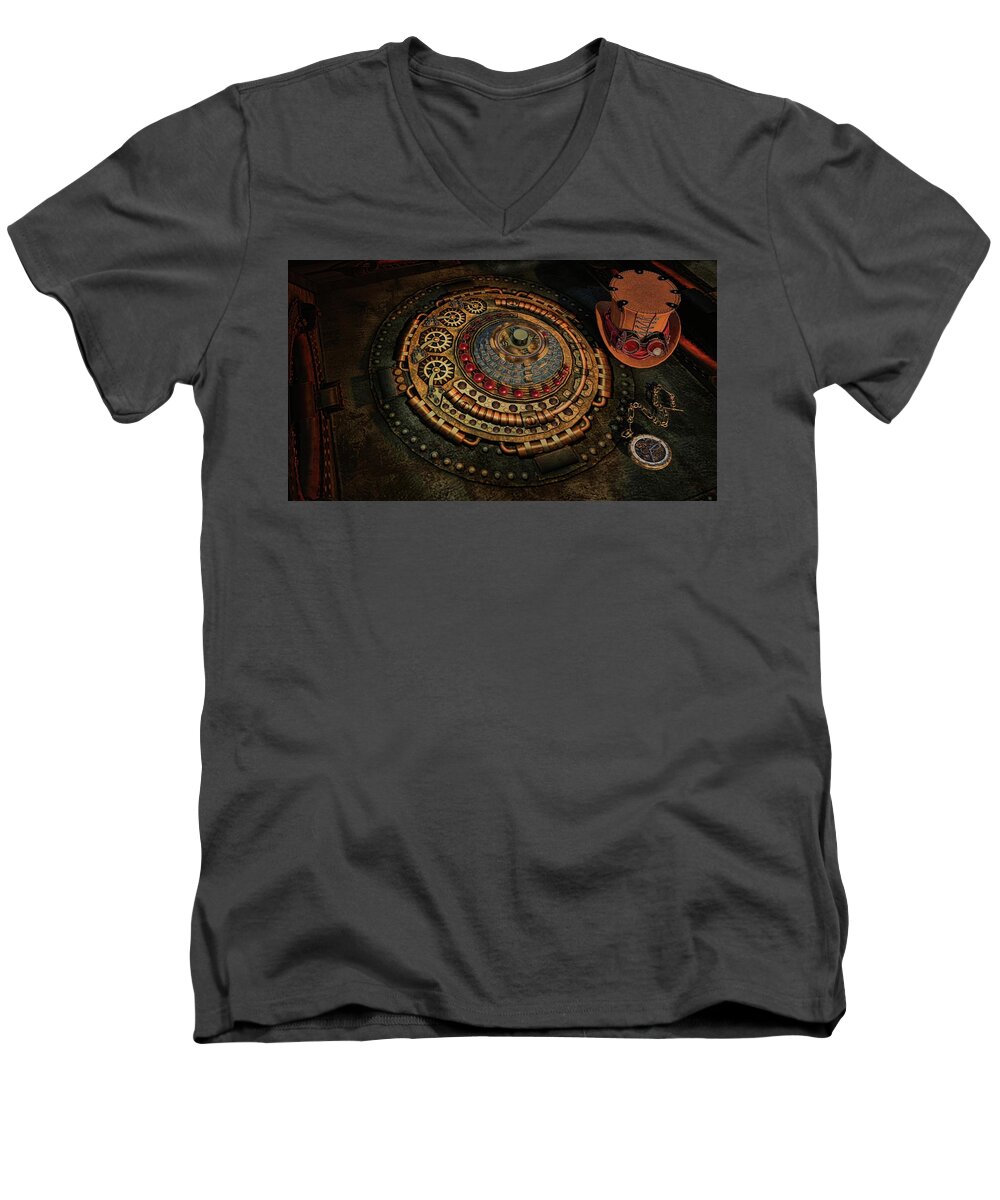 Steampunk # Steampunk Art # Steampunk Hat # Steampunk Compass # Steampunk Code # Men's V-Neck T-Shirt featuring the digital art Steampunk by Louis Ferreira