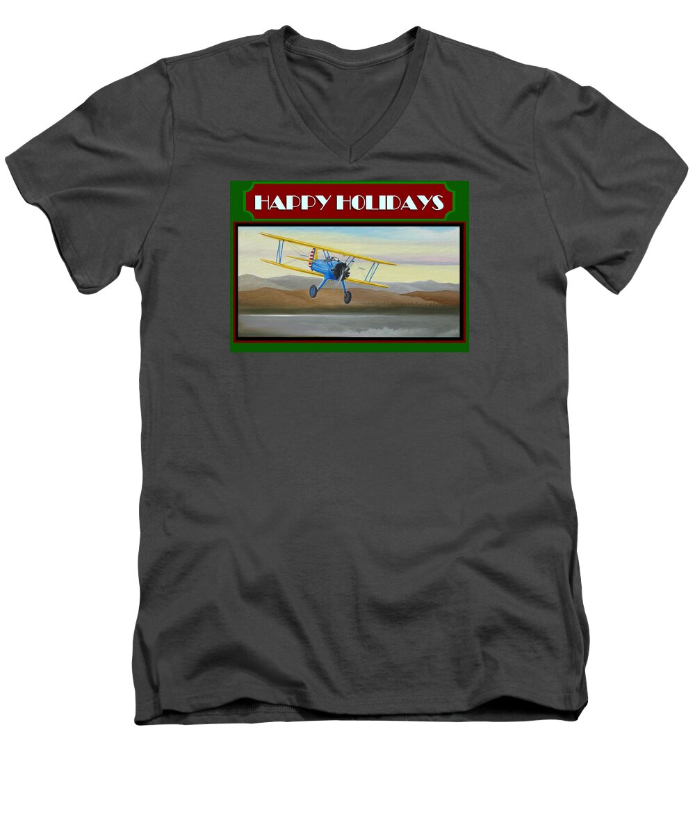Stearman Men's V-Neck T-Shirt featuring the painting Stearman Morning Flight Christmas Card by Stuart Swartz