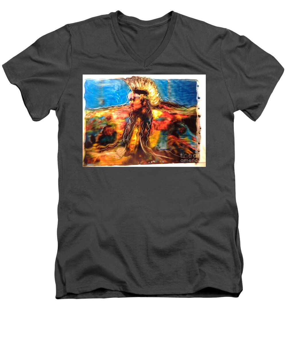 Native American Native Indegineous Aboriginal First Nation Dance Spirituality Men's V-Neck T-Shirt featuring the painting Stepping into the Soul by FeatherStone Studio Julie A Miller
