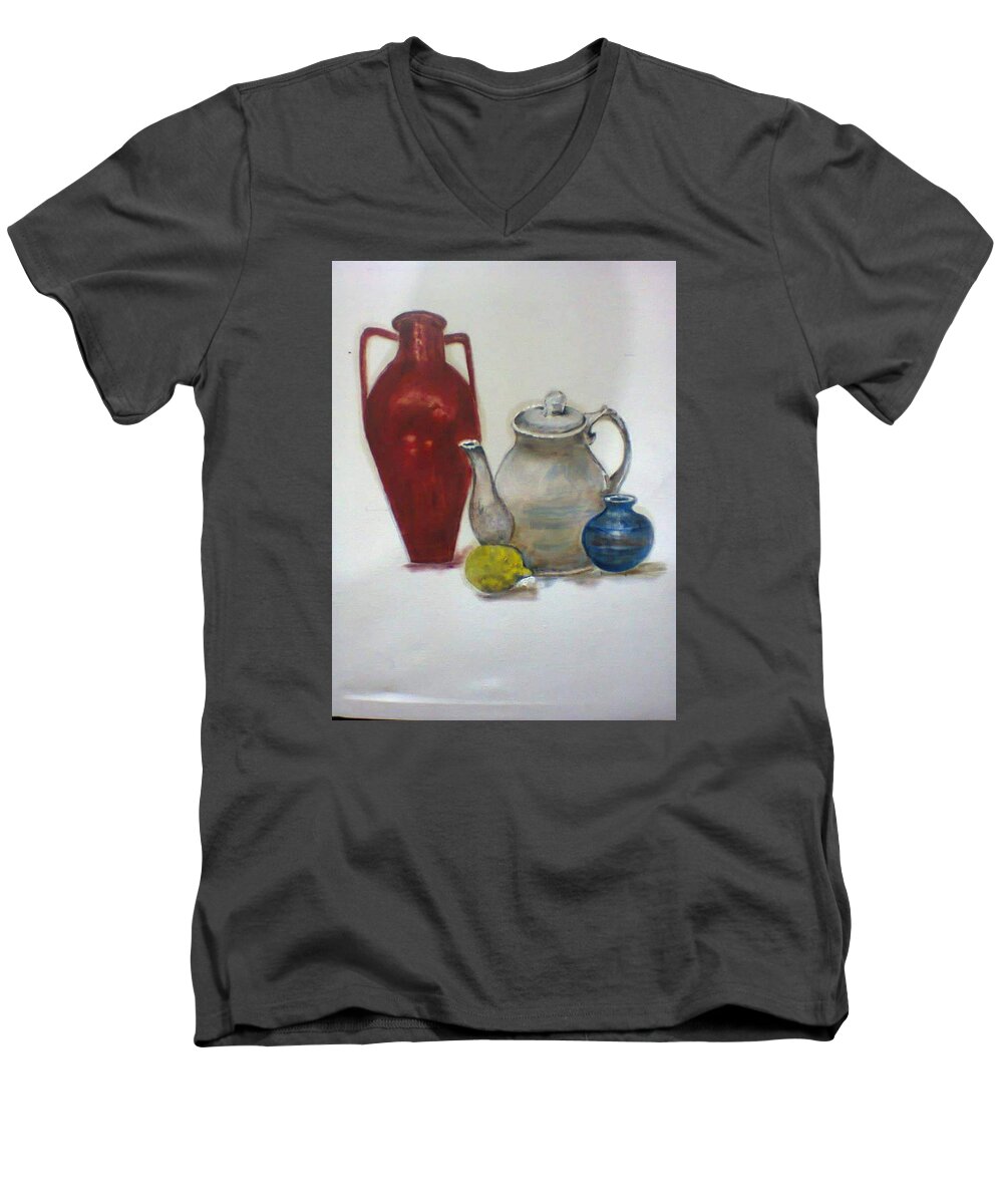Ceramics Men's V-Neck T-Shirt featuring the painting Still life arrangement. by Khalid Saeed