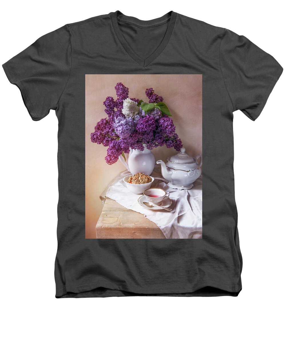Still Life Men's V-Neck T-Shirt featuring the photograph Still life with fresh lilac and china pots by Jaroslaw Blaminsky