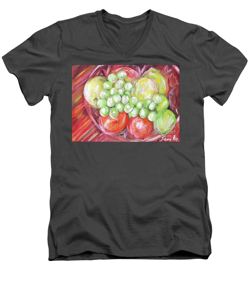 Acrylic Painting Men's V-Neck T-Shirt featuring the painting Still Life with Fruits. Harvest Time.Painting by Oksana Semenchenko
