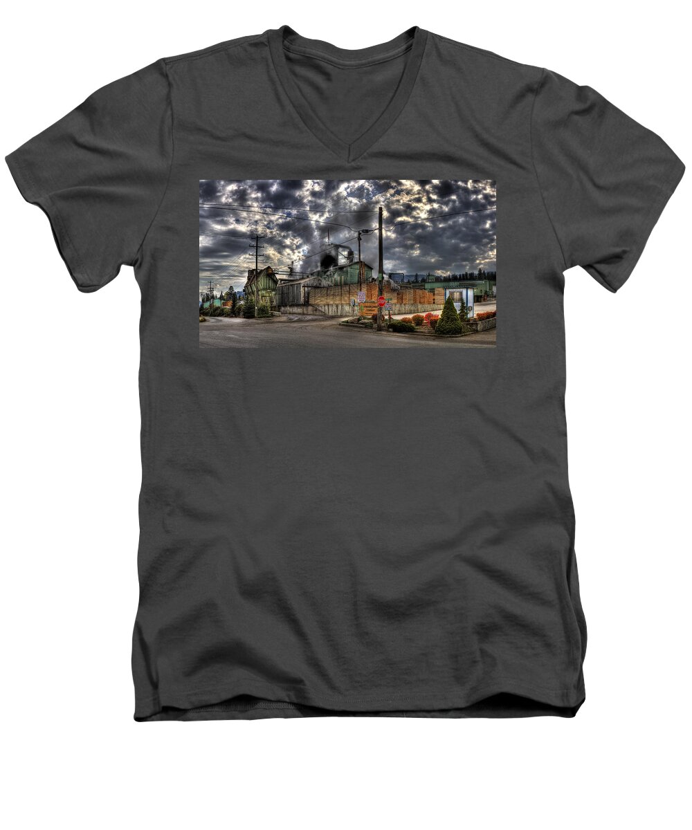 Hdr Men's V-Neck T-Shirt featuring the photograph Stimson Lumber Mill by Lee Santa