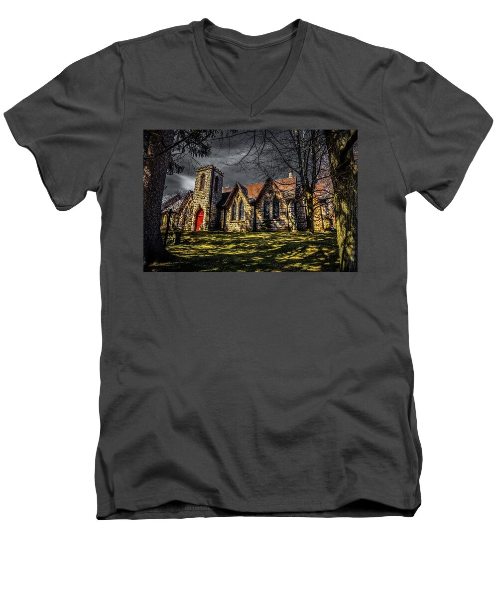 Christ Church Men's V-Neck T-Shirt featuring the photograph Stone Church Hamilton by Karl Anderson