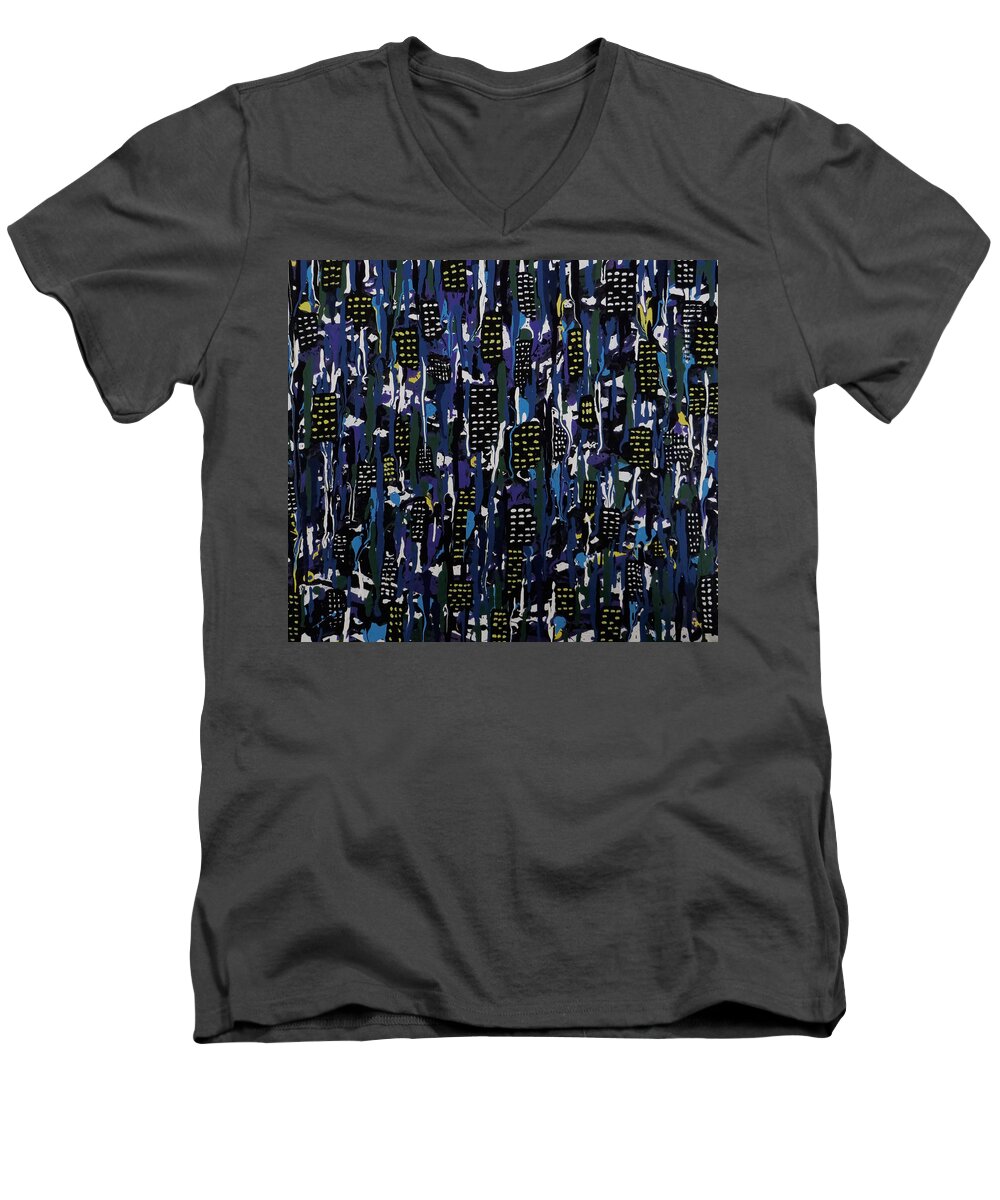 Stormy Men's V-Neck T-Shirt featuring the painting Stormy Night in the City by Teresa Wing