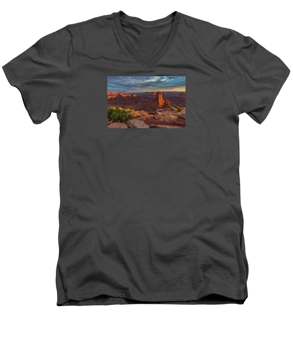 Desert Men's V-Neck T-Shirt featuring the photograph Stormy sunset - Marlboro Point by Dan Norris