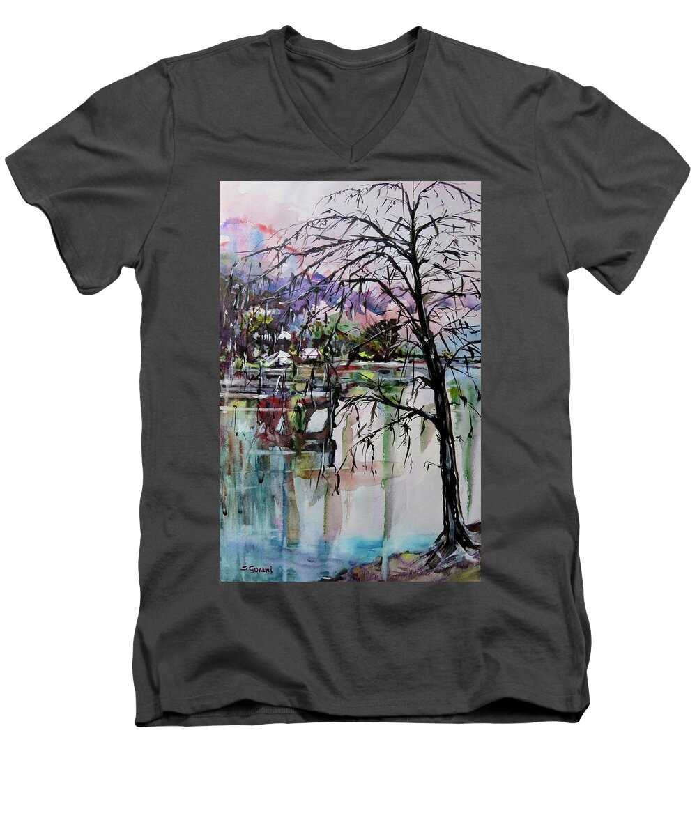 Painting Men's V-Neck T-Shirt featuring the painting Strange Tree by Geni Gorani