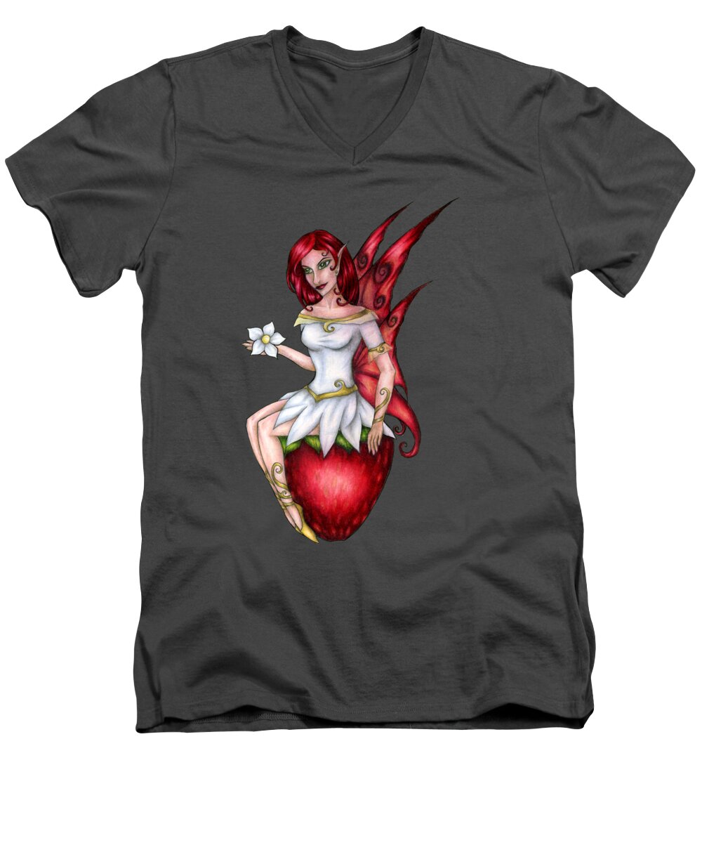 Red Strawberry Fairy Men's V-Neck T-Shirt featuring the drawing Strawberry Fairy Drawing by Kristin Aquariann