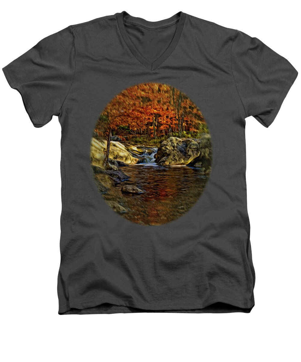 2007 Men's V-Neck T-Shirt featuring the photograph Stream In Autumn 57 in oil by Mark Myhaver