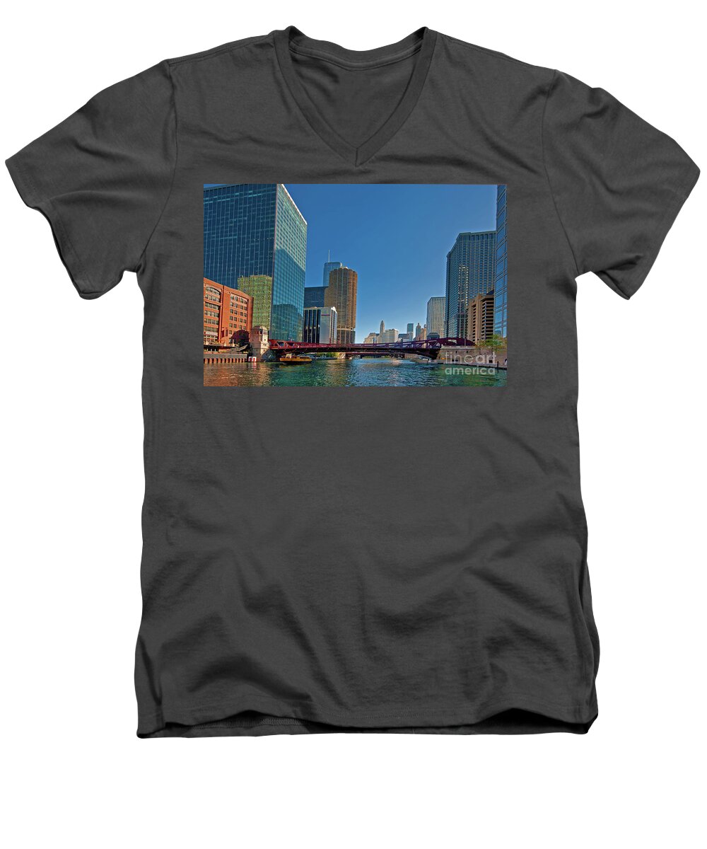 Clark Street Men's V-Neck T-Shirt featuring the photograph Clark Street Bridge Beautiful buildings Chicago by Tom Jelen
