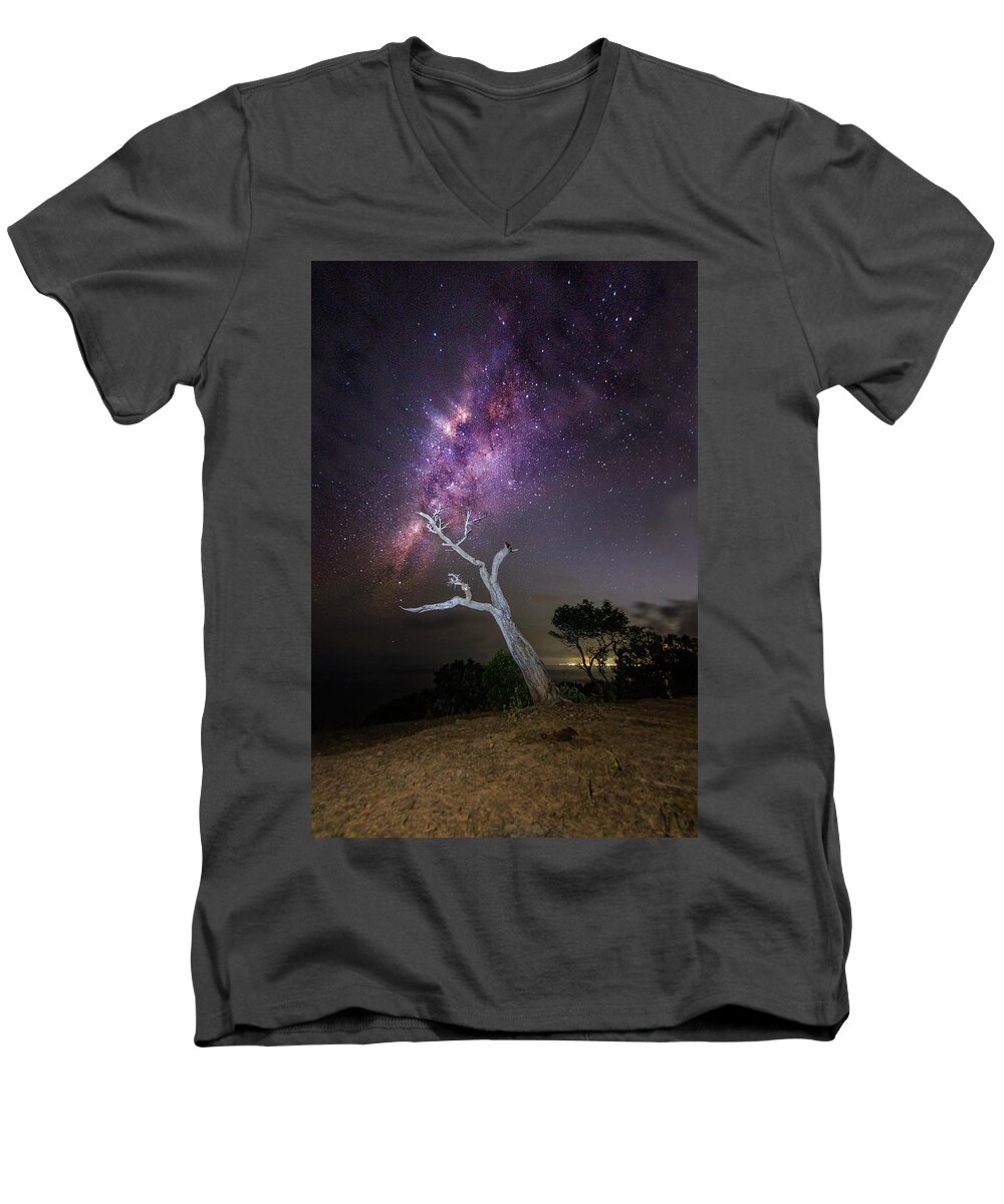 Travel Men's V-Neck T-Shirt featuring the photograph Striking Milkyway Over A Lone Tree by Pradeep Raja Prints