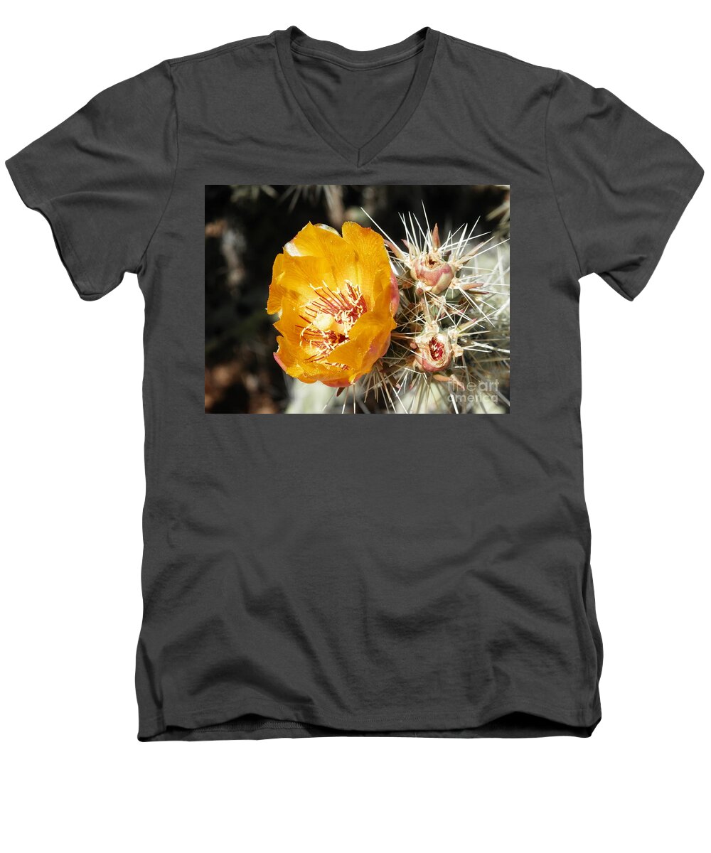 Yellow Cactus Men's V-Neck T-Shirt featuring the photograph Striking pose by Barbara Leigh Art