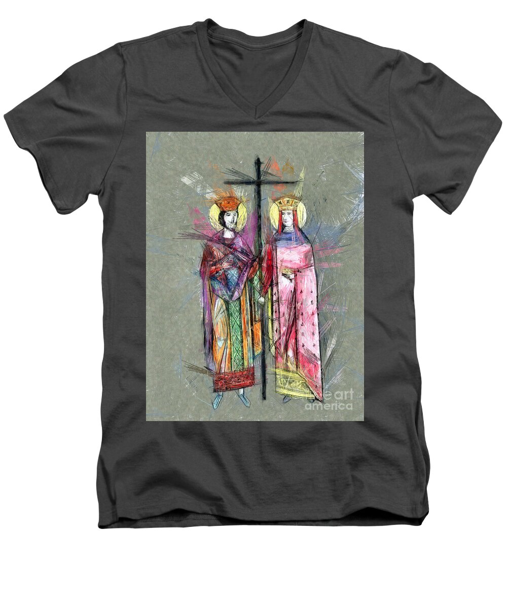 Sts. Constantine And Helen Men's V-Neck T-Shirt featuring the drawing Sts. Constantine and Helen by Daliana Pacuraru