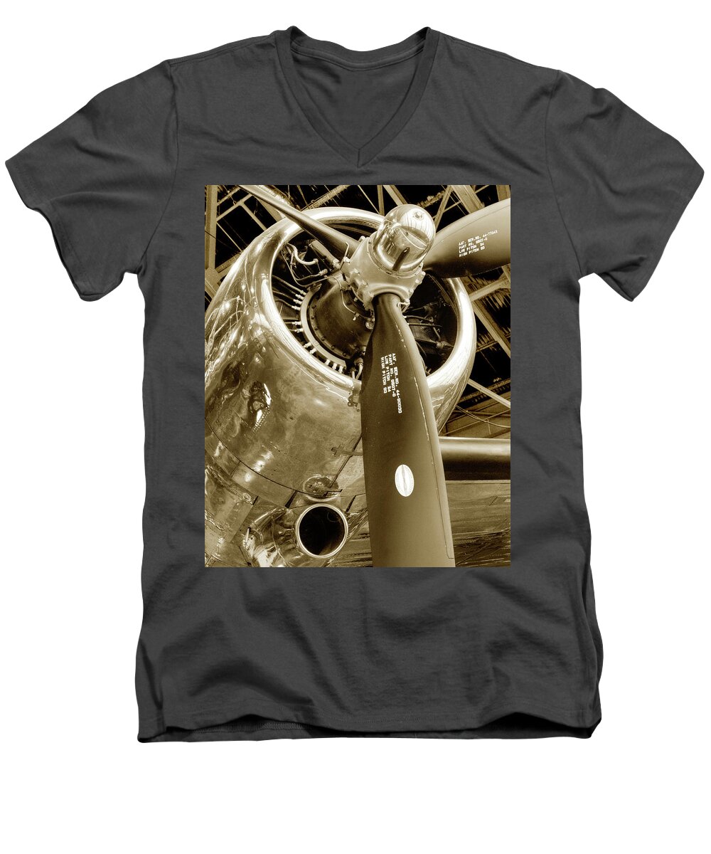 Air Men's V-Neck T-Shirt featuring the photograph Stunning Propeller in Sepia by Dennis Dame