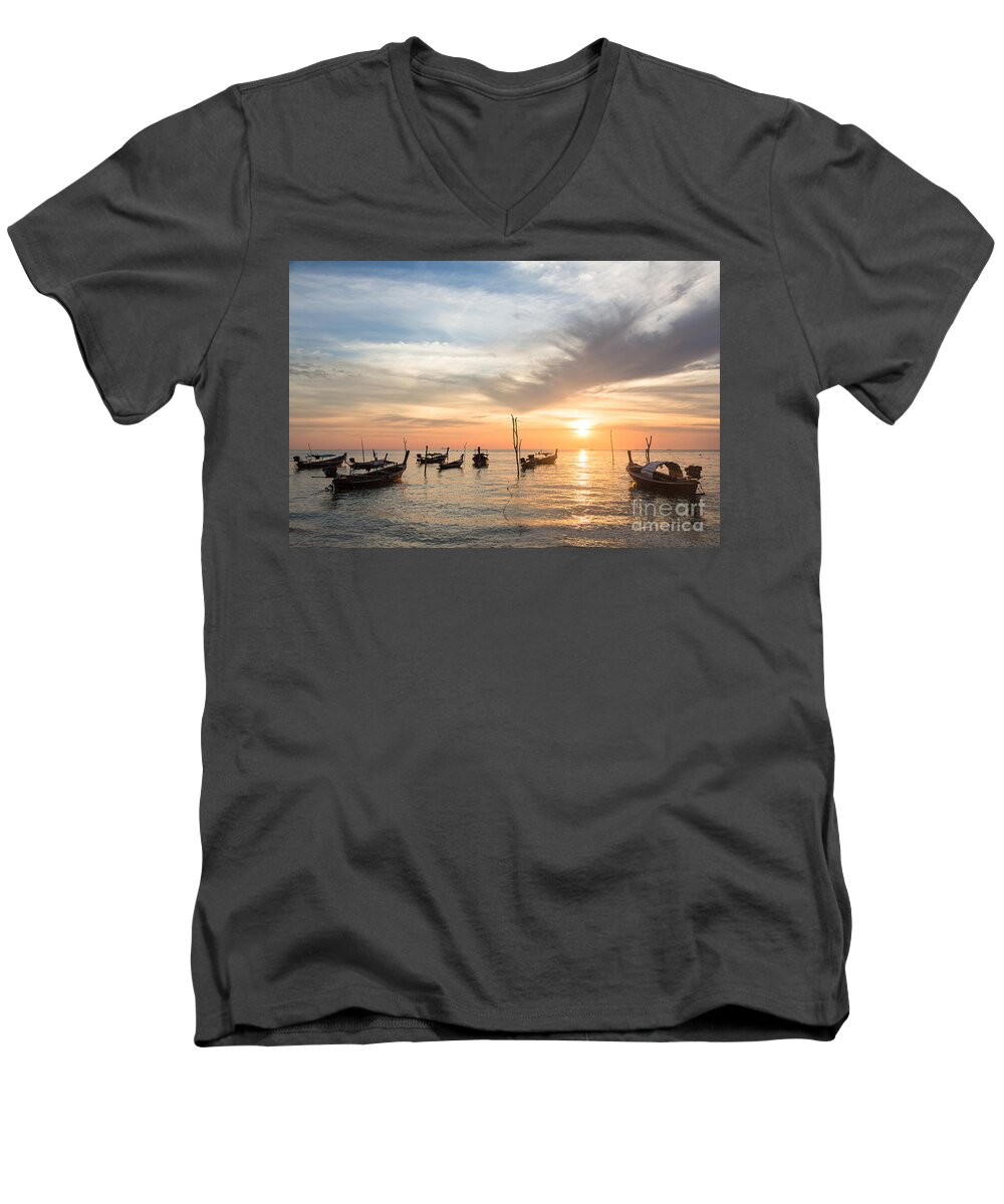 Koh Lanta Men's V-Neck T-Shirt featuring the photograph Stunning sunset over wooden boats in Koh Lanta in Thailand by Didier Marti
