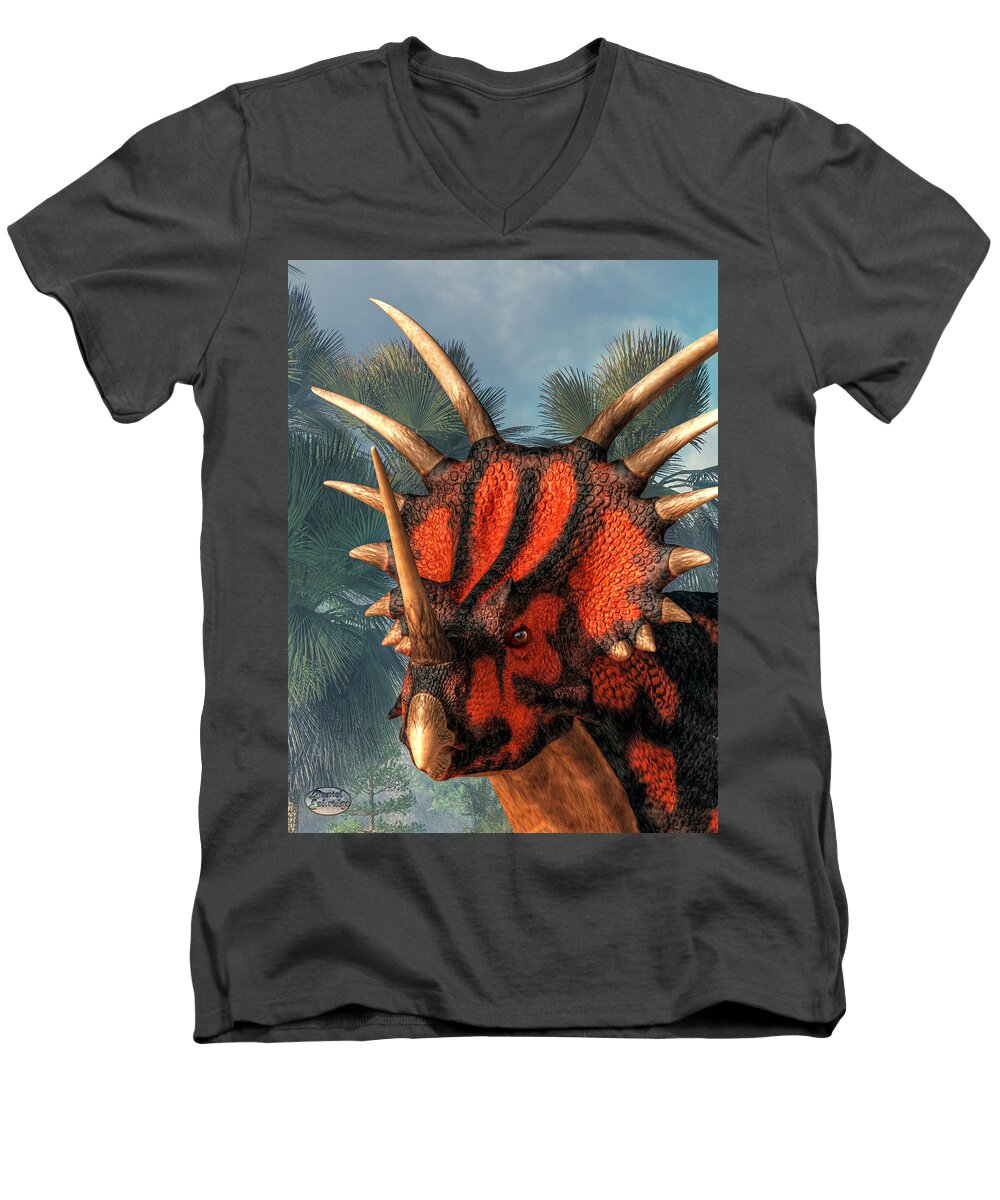 Styracosaurus Men's V-Neck T-Shirt featuring the digital art Styracosaurus Head by Daniel Eskridge