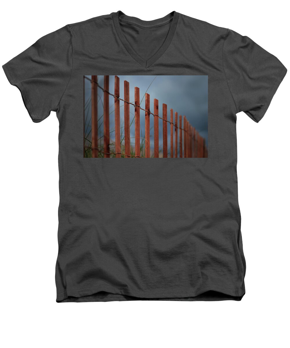 Red Beach Fence Men's V-Neck T-Shirt featuring the photograph Summer Storm Beach Fence by Laura Fasulo
