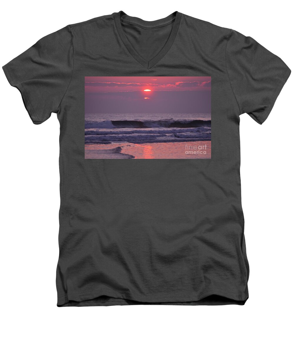 Tide Men's V-Neck T-Shirt featuring the photograph Sun rising through the violet cloud bank by Julianne Felton