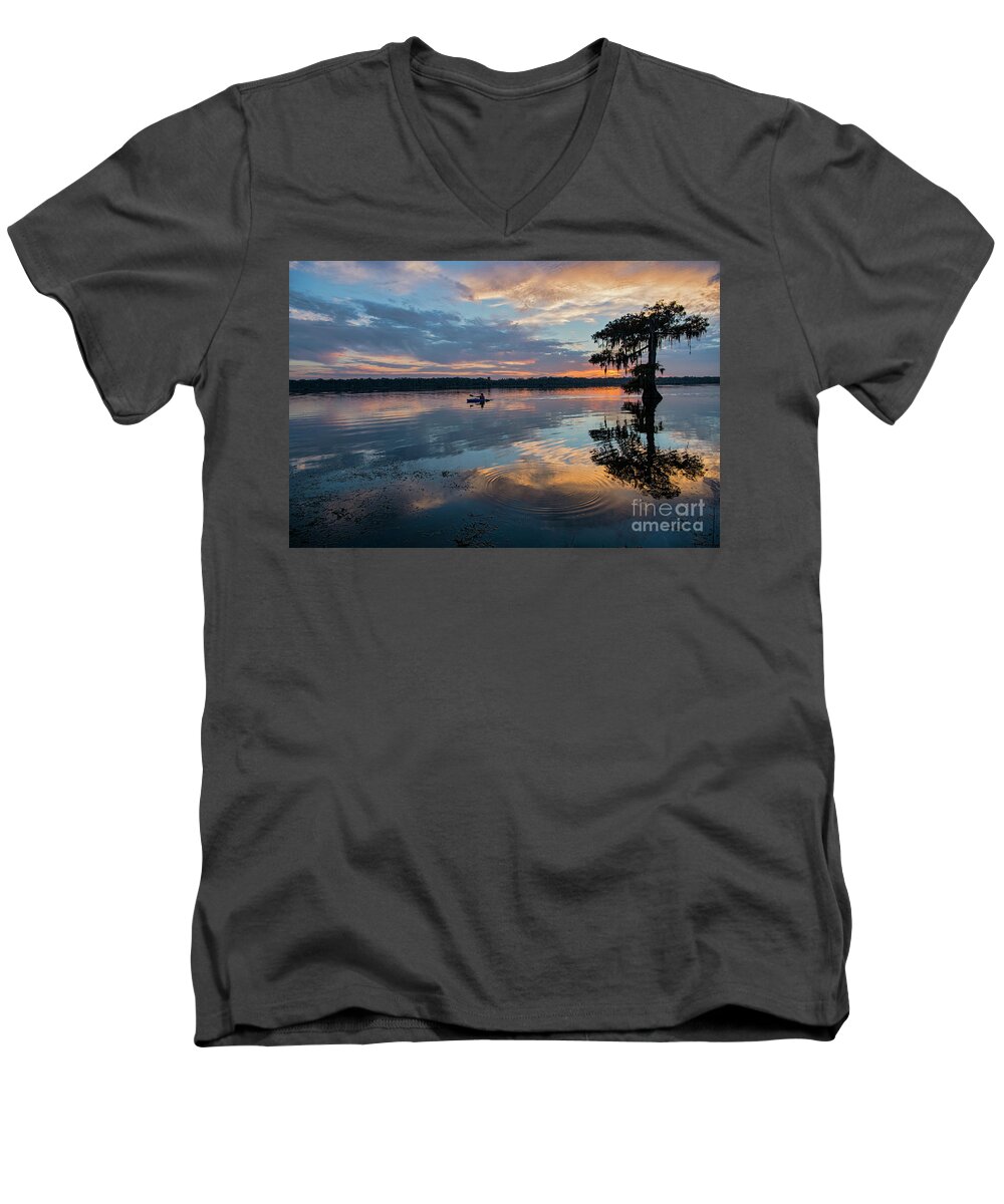 Kayak Men's V-Neck T-Shirt featuring the photograph Sundown Kayaking at Lake Martin Louisiana by Bonnie Barry