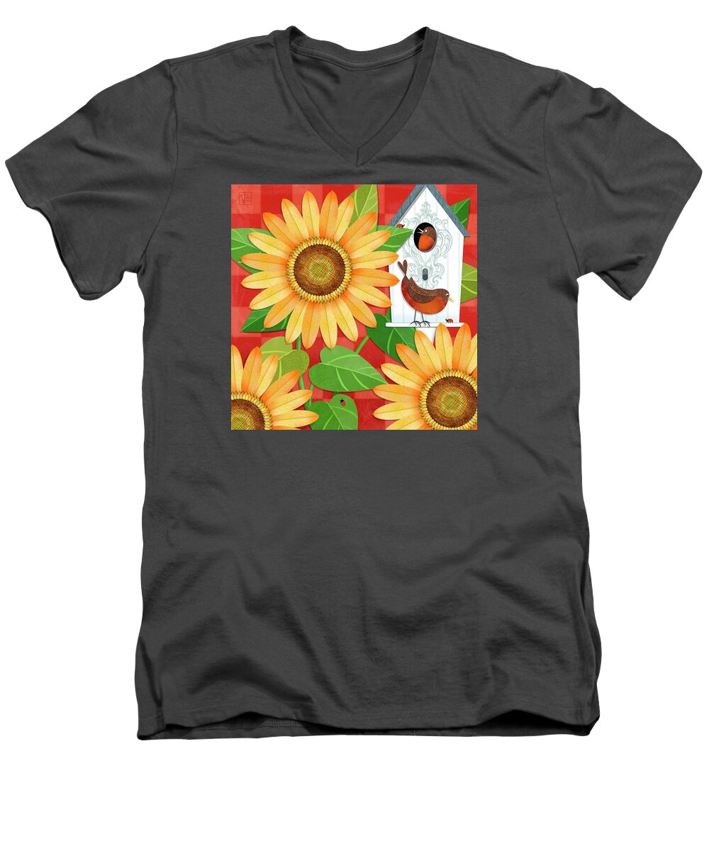 Sunflowers Men's V-Neck T-Shirt featuring the digital art Sunflower Surprise by Valerie Drake Lesiak