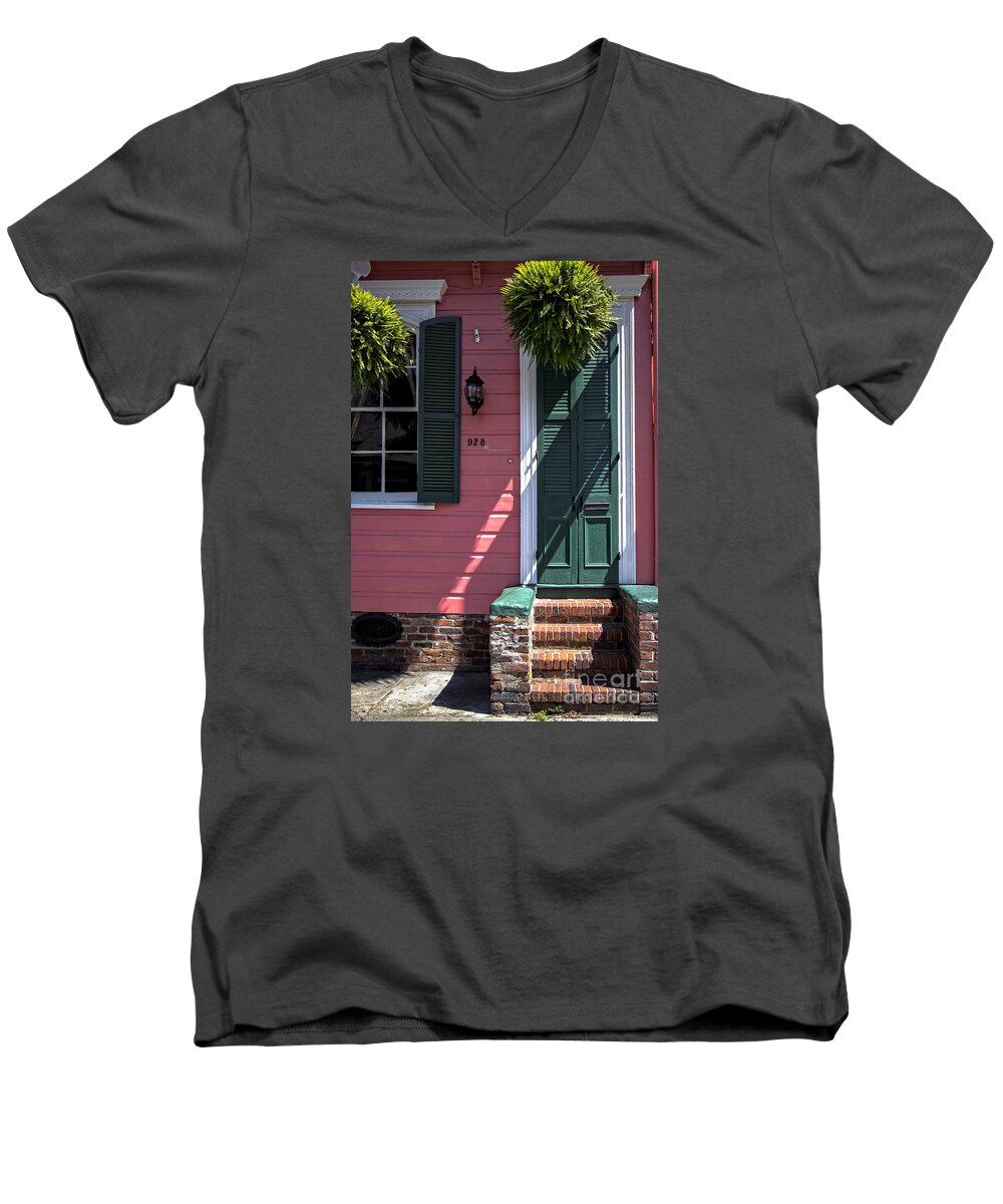 New Orleans Men's V-Neck T-Shirt featuring the photograph Sunlight playing with color, French Quarter by Bob Estremera