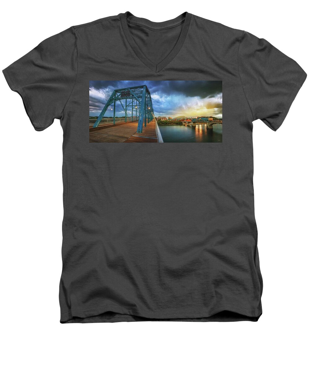 Chattanooga Men's V-Neck T-Shirt featuring the photograph Sunlight Thru Rain Over Chattanooga by Steven Llorca