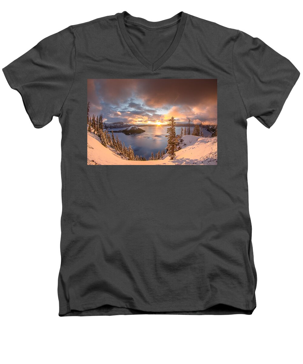 Cascades Men's V-Neck T-Shirt featuring the photograph Sunrise after Summer Snowfall by Greg Nyquist