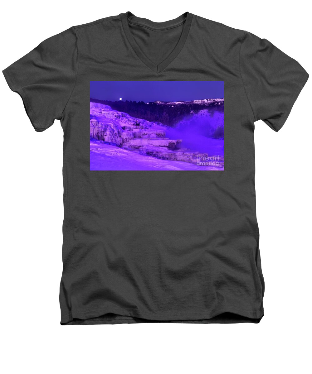 North America Men's V-Neck T-Shirt featuring the photograph Sunrise and Moonset Over Minerva Springs Yellowstone National Park by Dave Welling