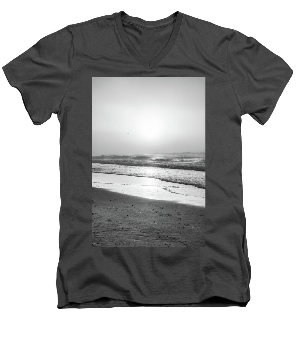 Beach Men's V-Neck T-Shirt featuring the photograph Sunrise at Beach Black and White by John McGraw