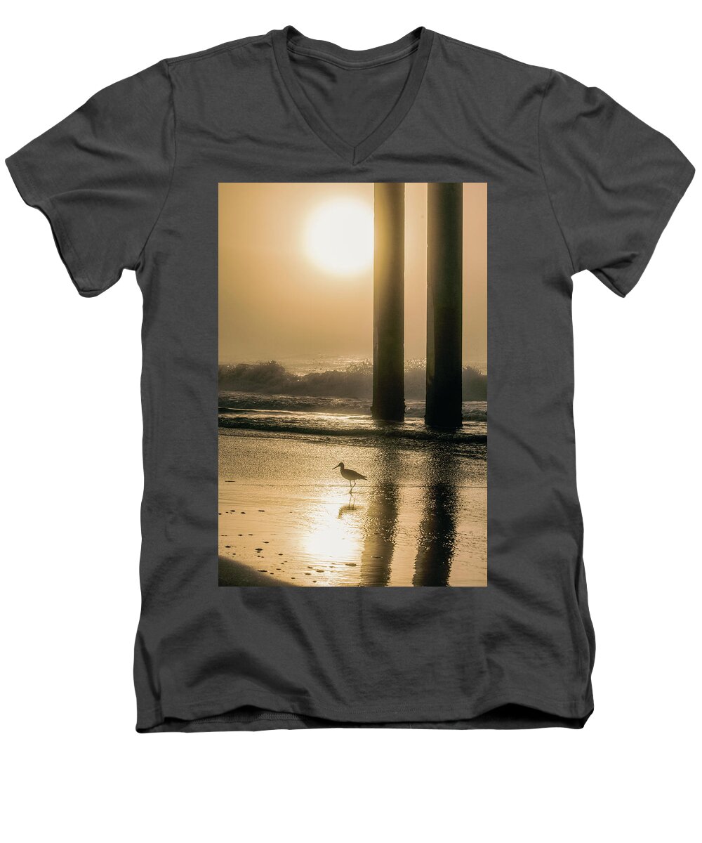 Beach Men's V-Neck T-Shirt featuring the photograph Sunrise Bird at Beach by John McGraw