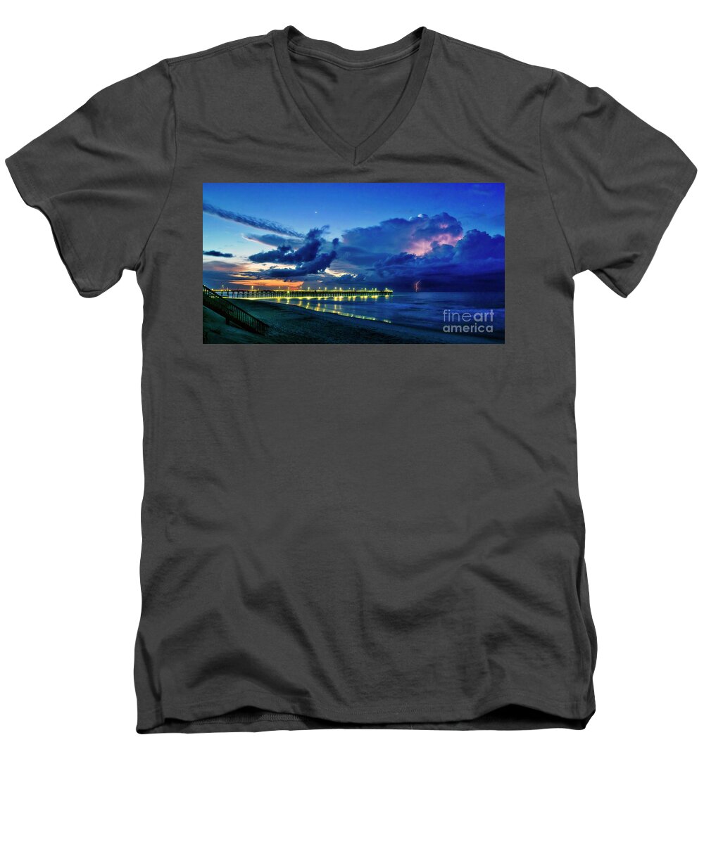 Surf City Men's V-Neck T-Shirt featuring the photograph Sunrise Lightning by DJA Images