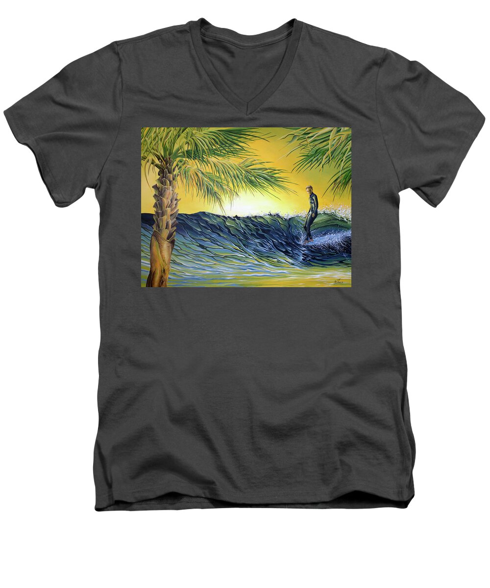 Surf Men's V-Neck T-Shirt featuring the painting Sunrise Nose Ride by William Love