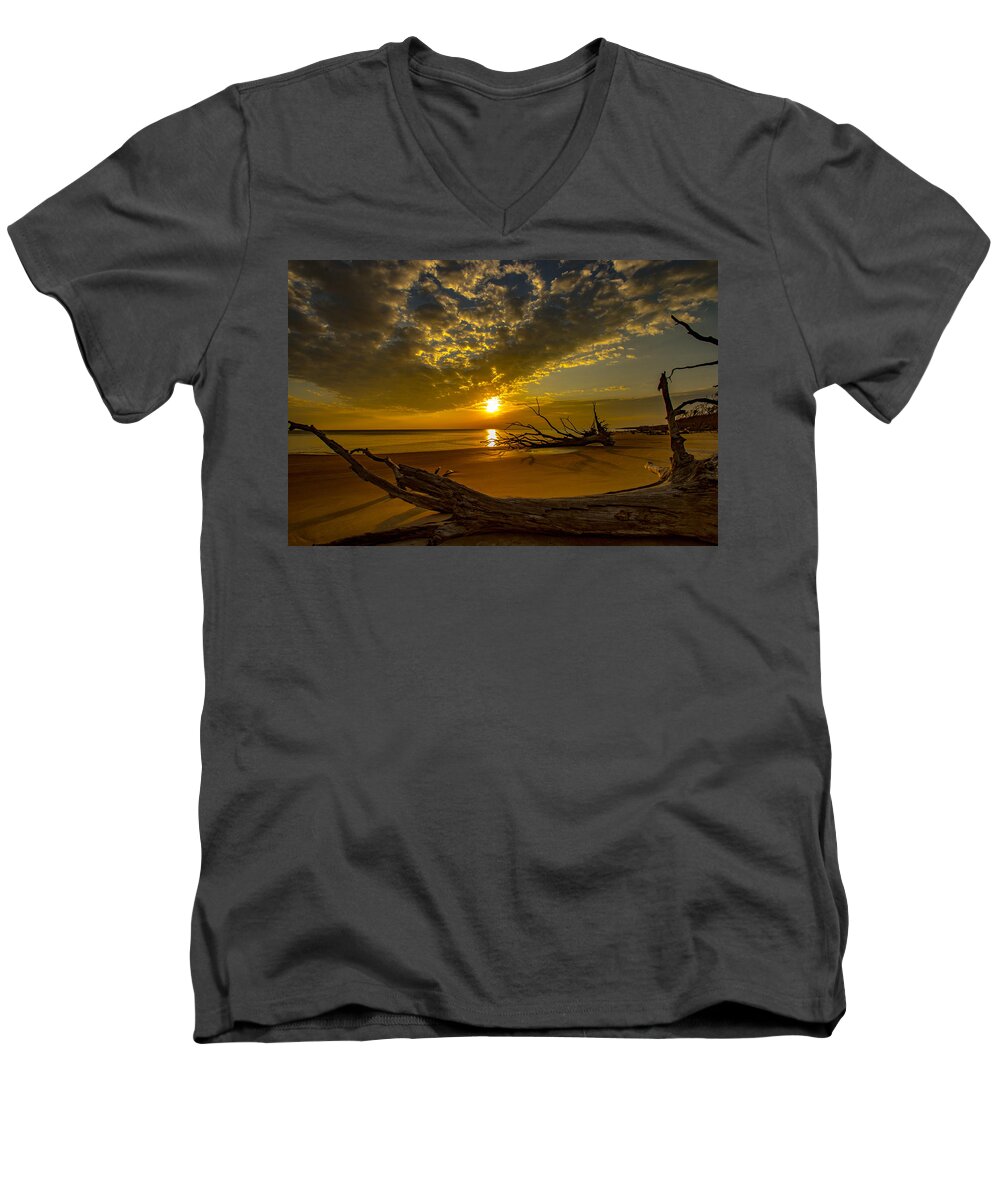 Sunrise Men's V-Neck T-Shirt featuring the photograph Sunrise on Boneyard Beach by Danny Mongosa
