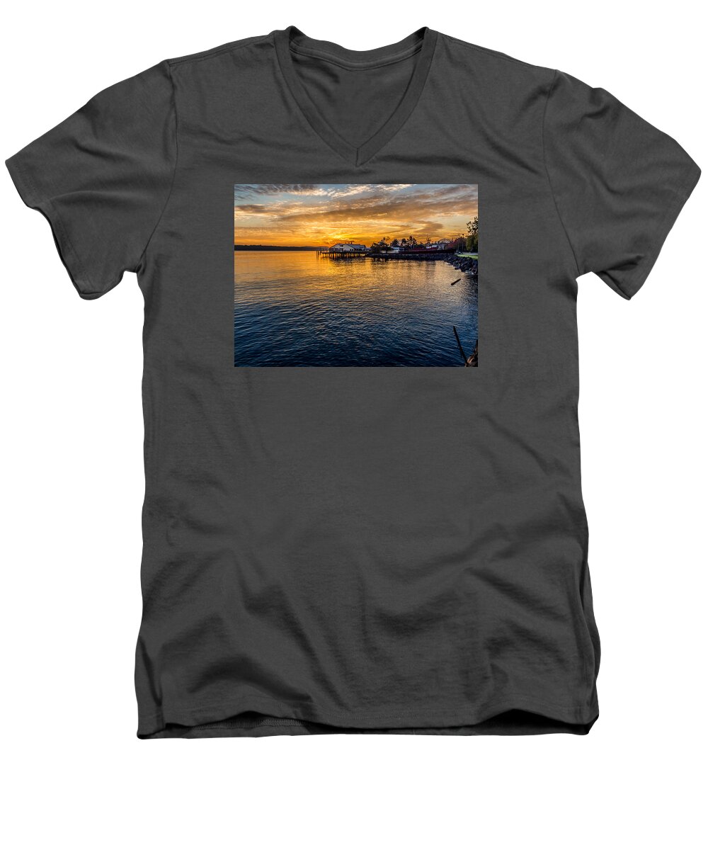 Red Men's V-Neck T-Shirt featuring the photograph Sunrise Over Commencement Bay Tacoma, WA by Rob Green