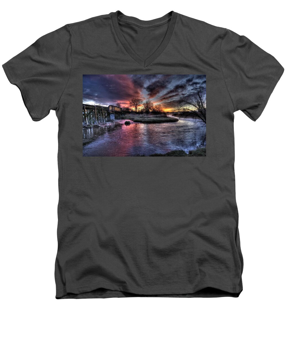 Railroad Men's V-Neck T-Shirt featuring the photograph Sunrise Trestle #1 by Fiskr Larsen